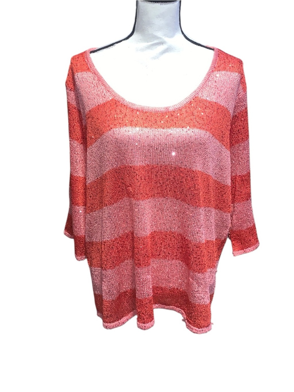 Roz & Ali Knit 3/4 Sleeve Sweater Pink & Coral Striped Metallic Sequins